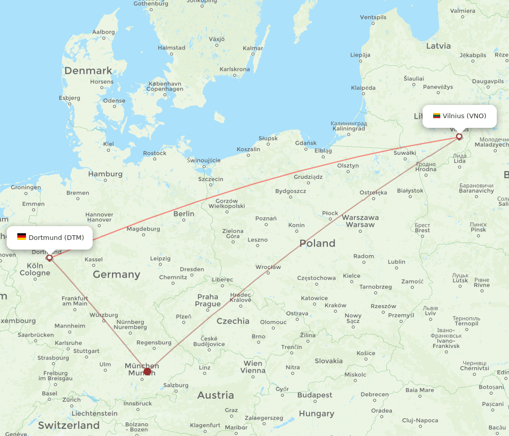 Vilnius - Dortmund route map and flight paths