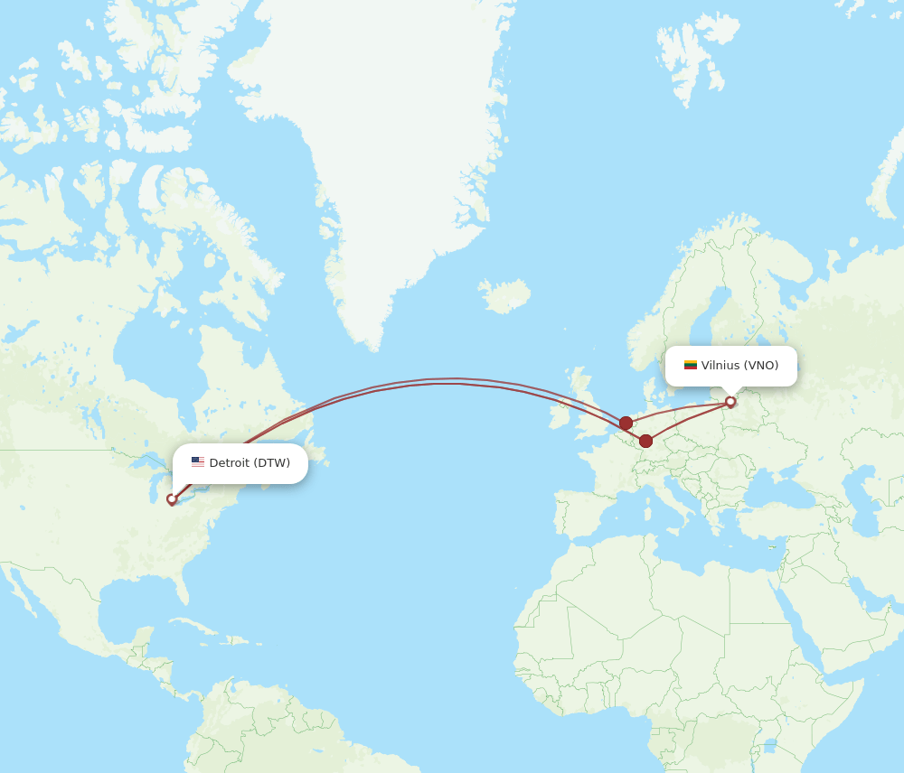 VNO to DTW flights and routes map