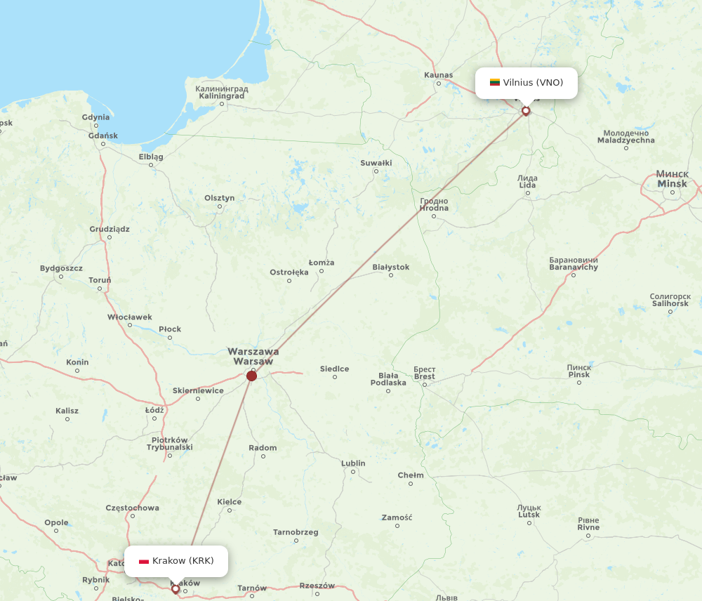 VNO to KRK flights and routes map
