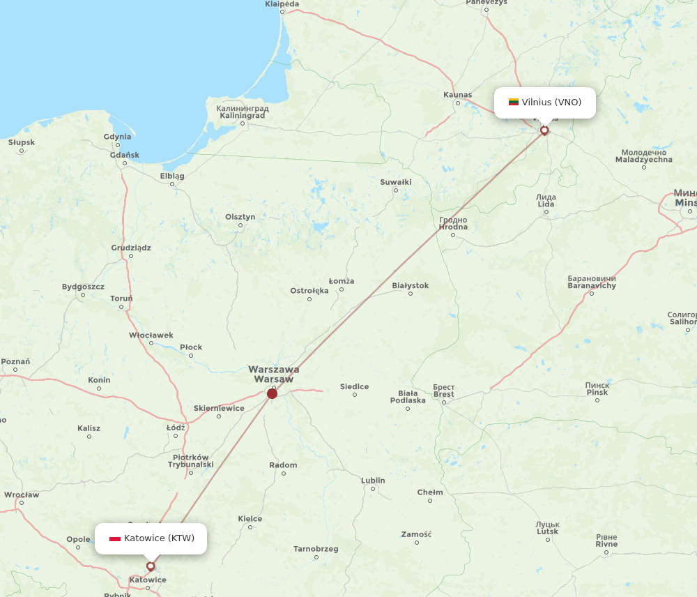 VNO to KTW flights and routes map