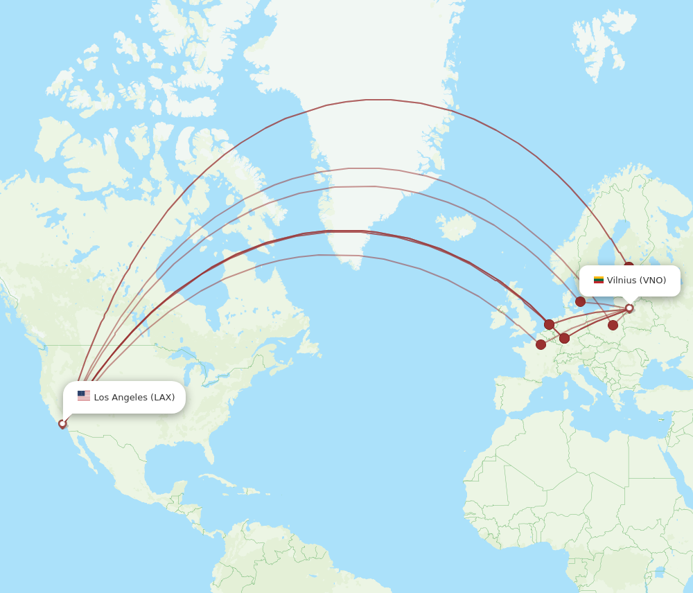 VNO to LAX flights and routes map