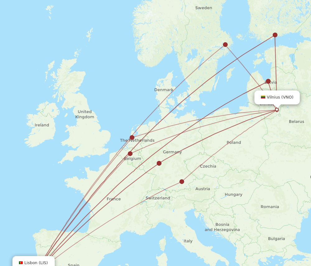 VNO-LIS flight routes
