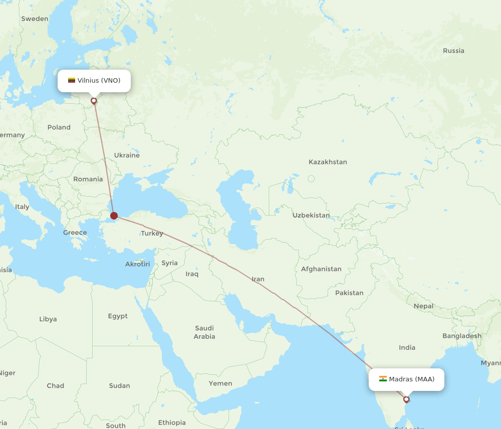 Chennai - Vilnius route map and flight paths