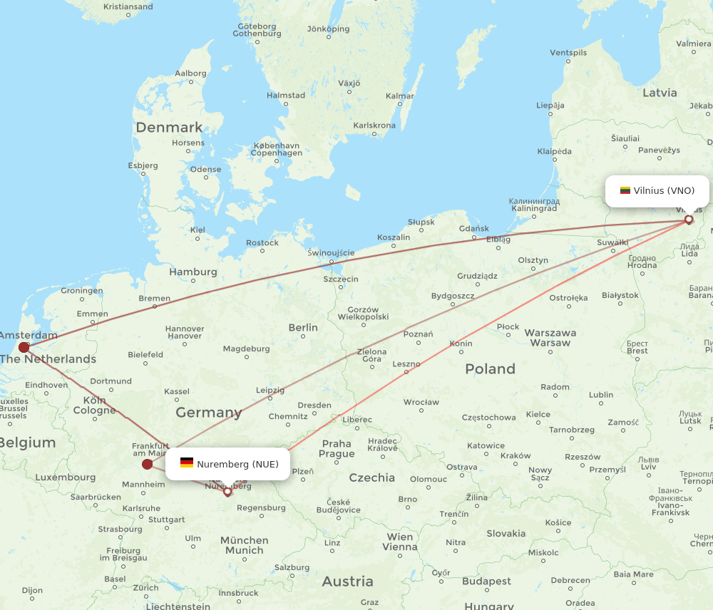VNO to NUE flights and routes map