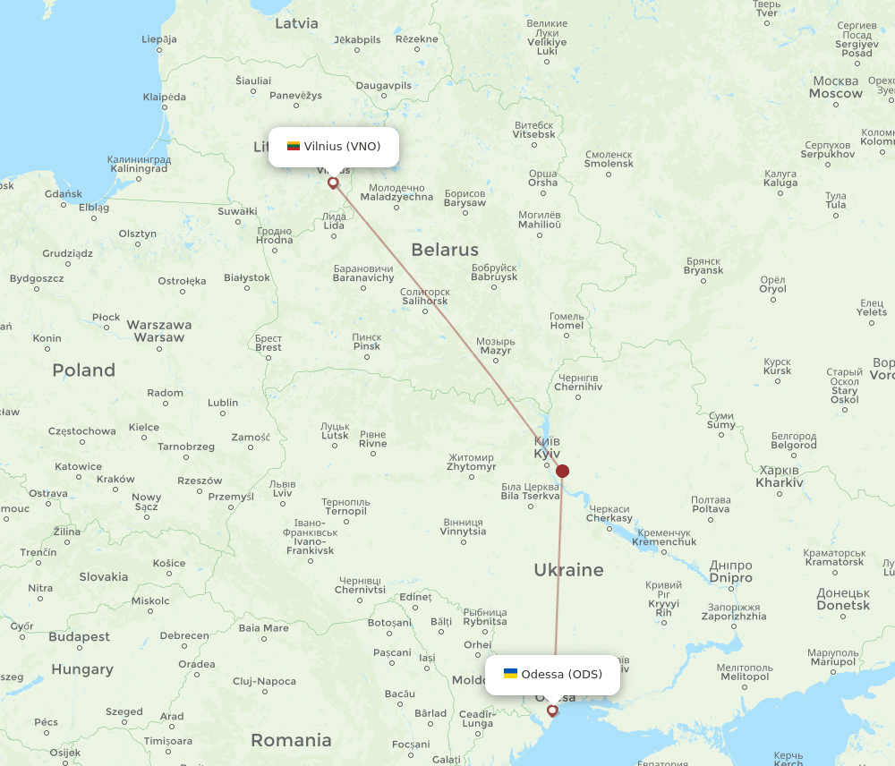 Vilnius - Odessa route map and flight paths