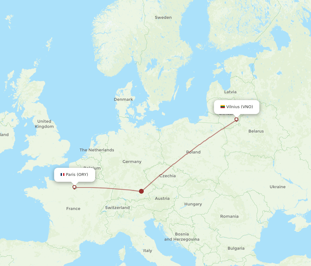 Vilnius - Paris route map and flight paths