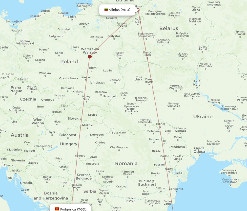 VNO to TGD flights and routes map