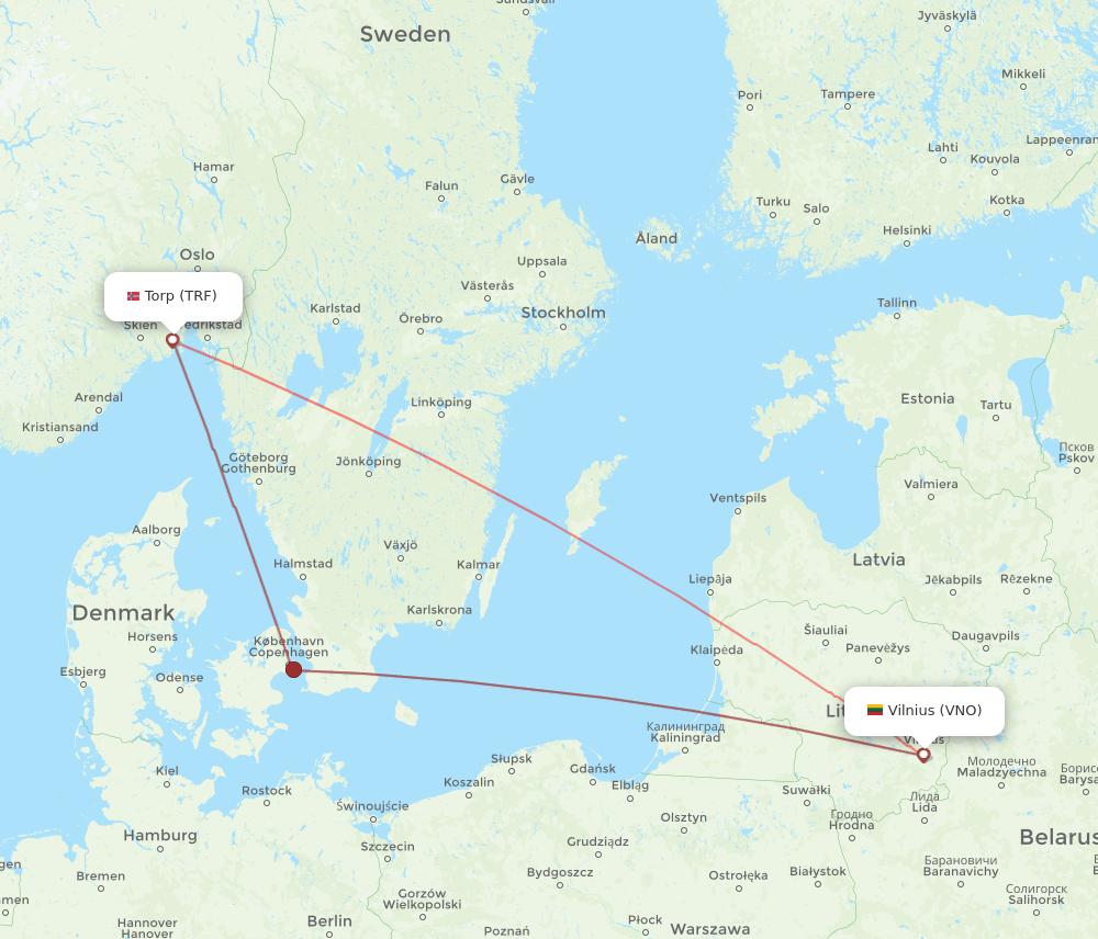 VNO to TRF flights and routes map