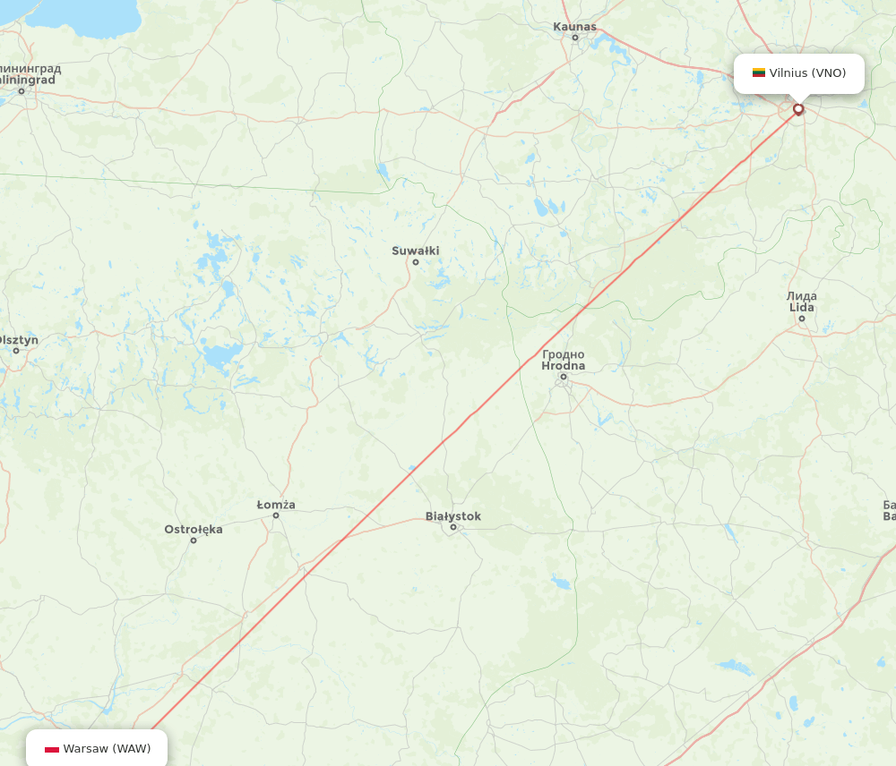 Vilnius - Warsaw route map and flight paths