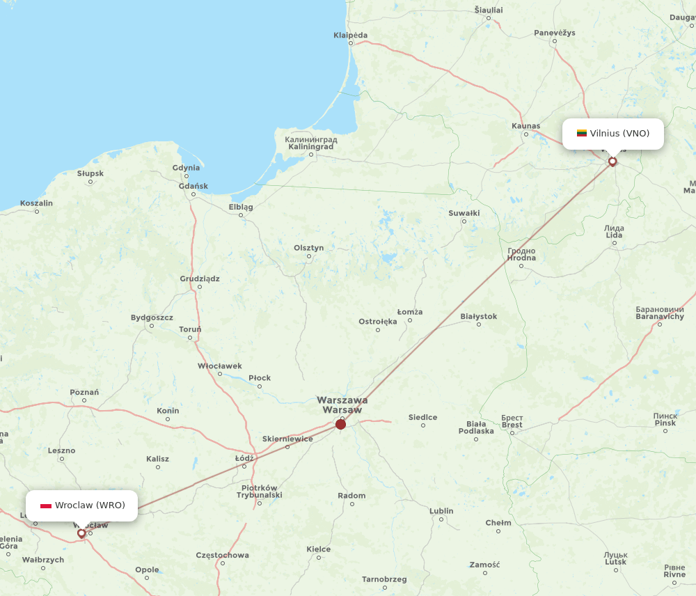 VNO to WRO flights and routes map