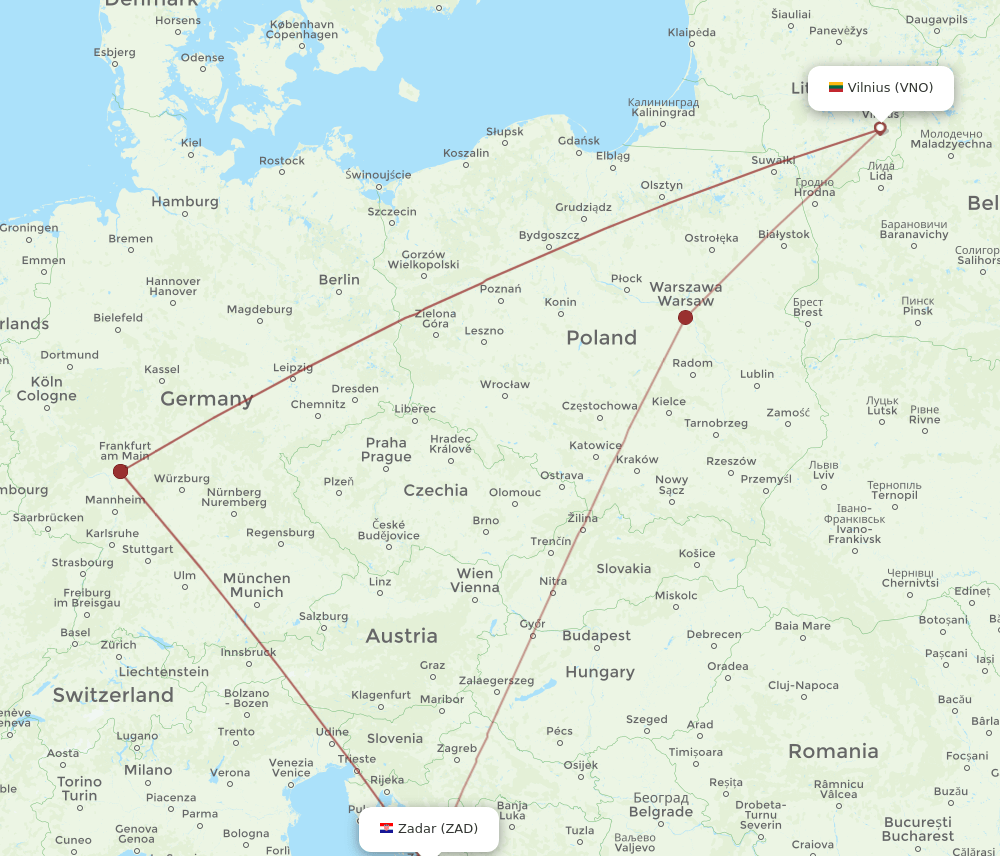 Zadar - Vilnius route map and flight paths