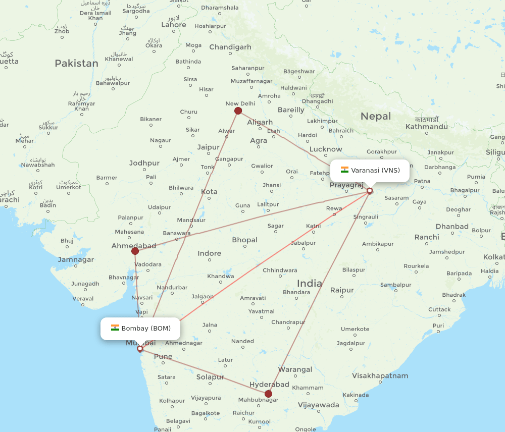VNS-BOM flight routes