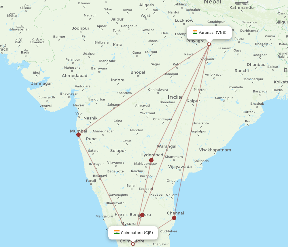 VNS to CJB flights and routes map