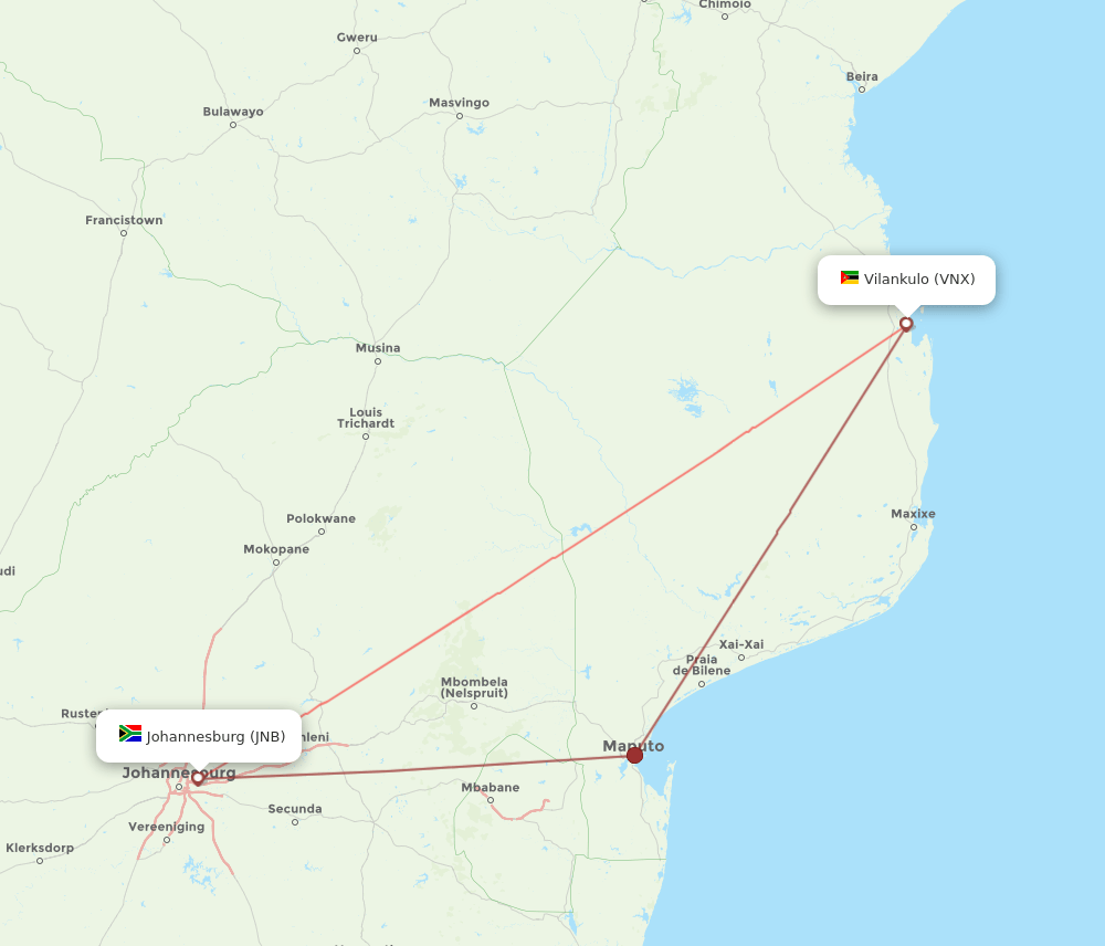 VNX to JNB flights and routes map