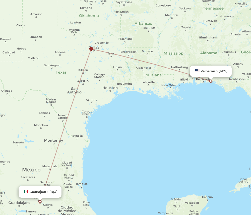 VPS to BJX flights and routes map
