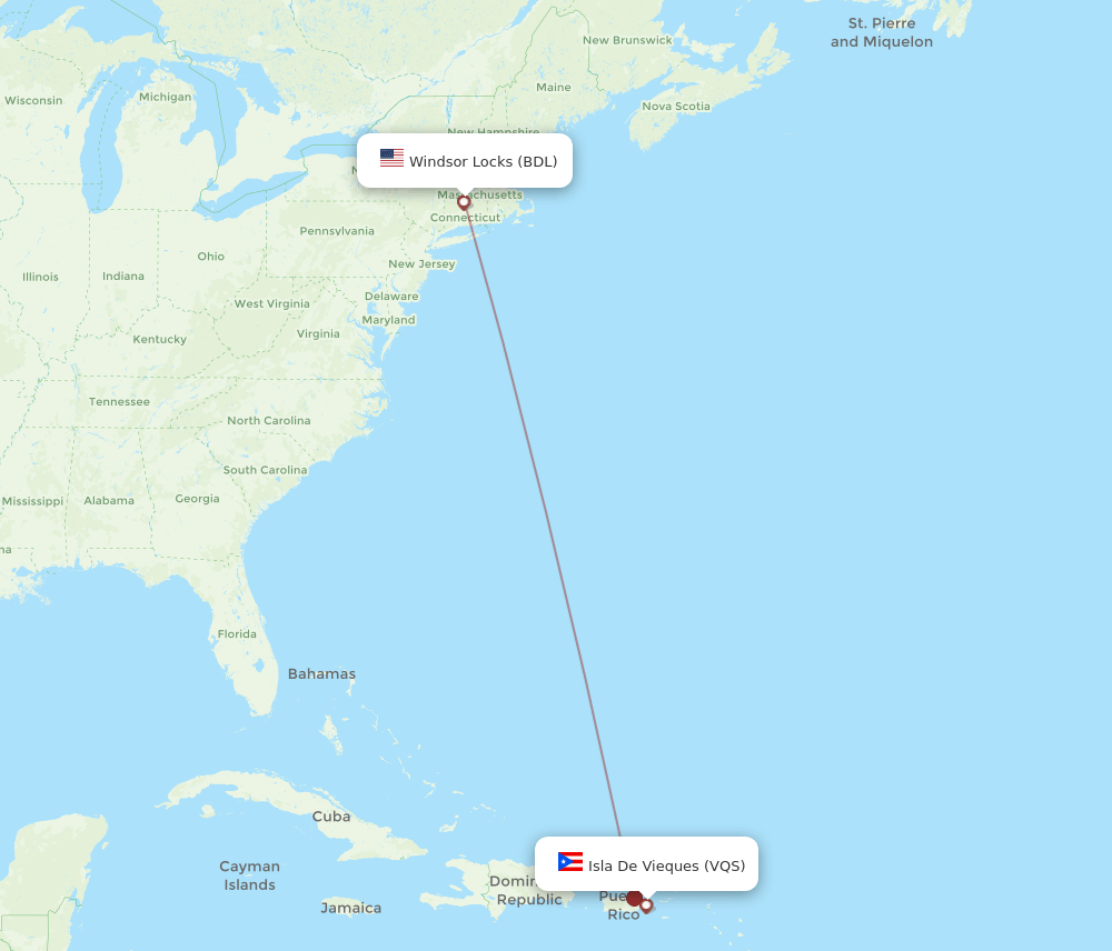 VQS to BDL flights and routes map