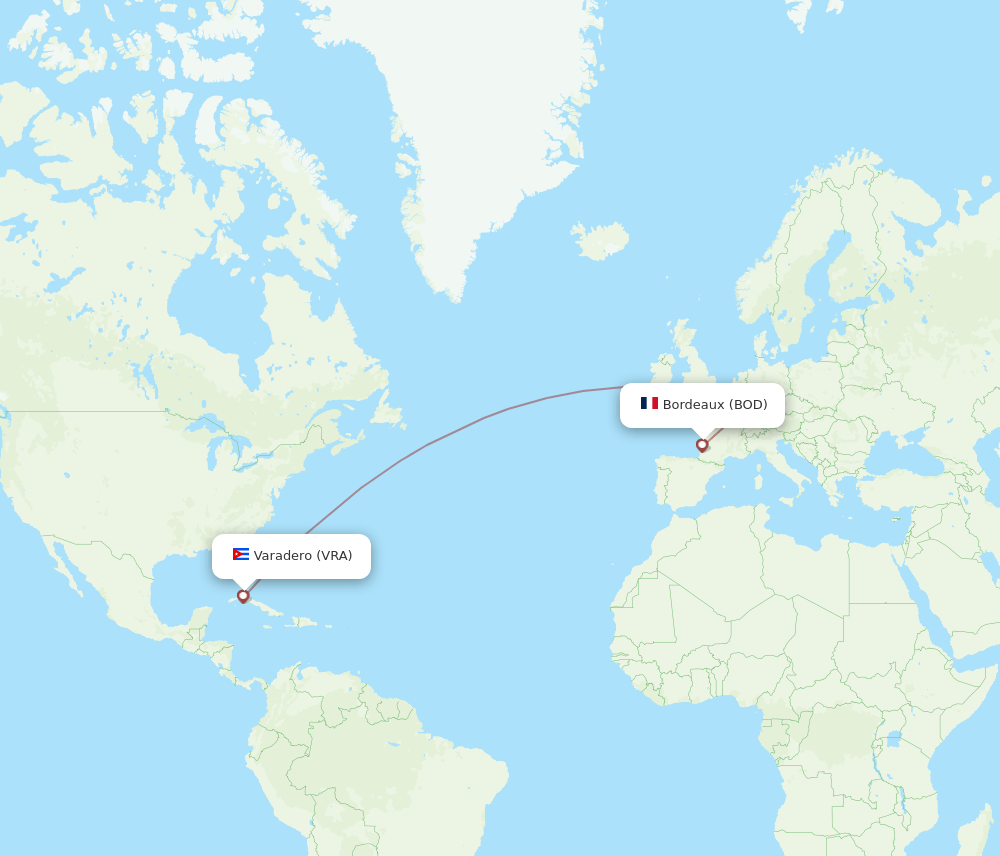 Bordeaux - Varadero route map and flight paths