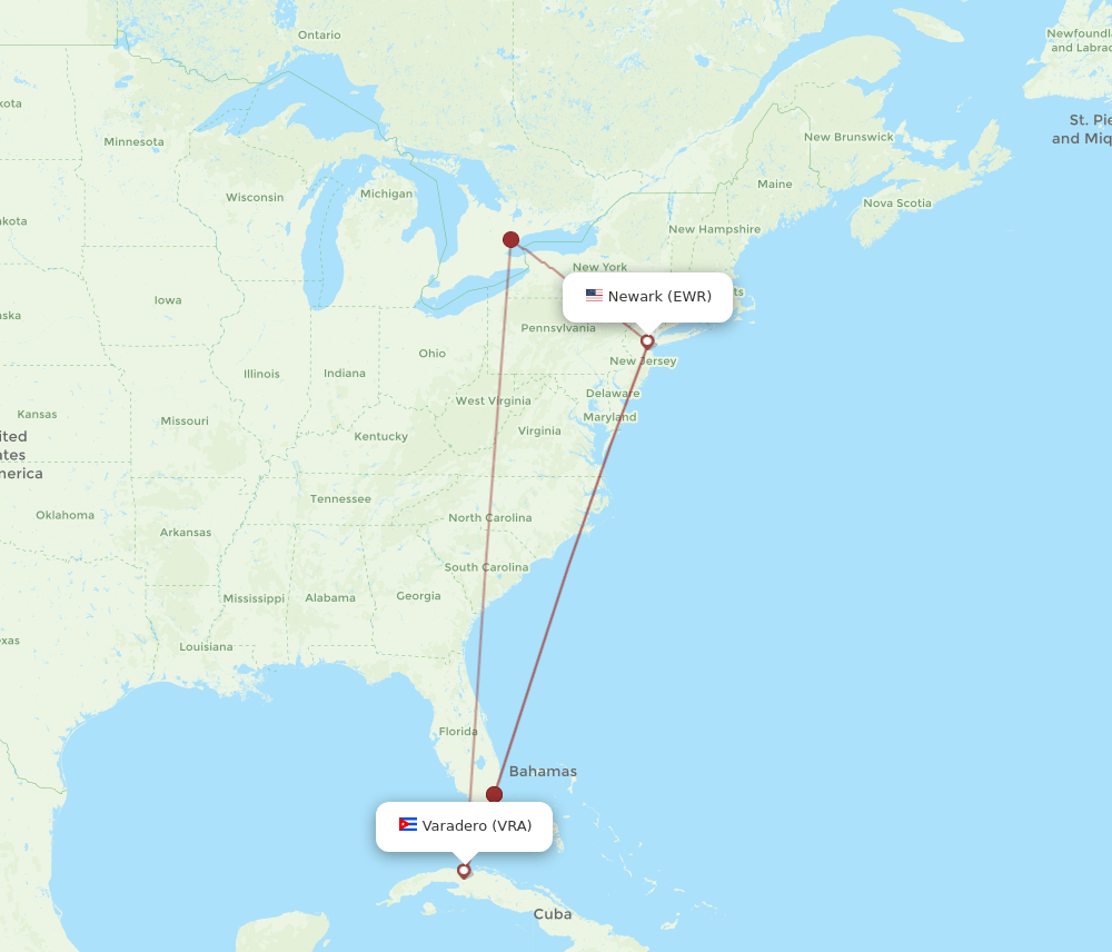 VRA-EWR flight routes