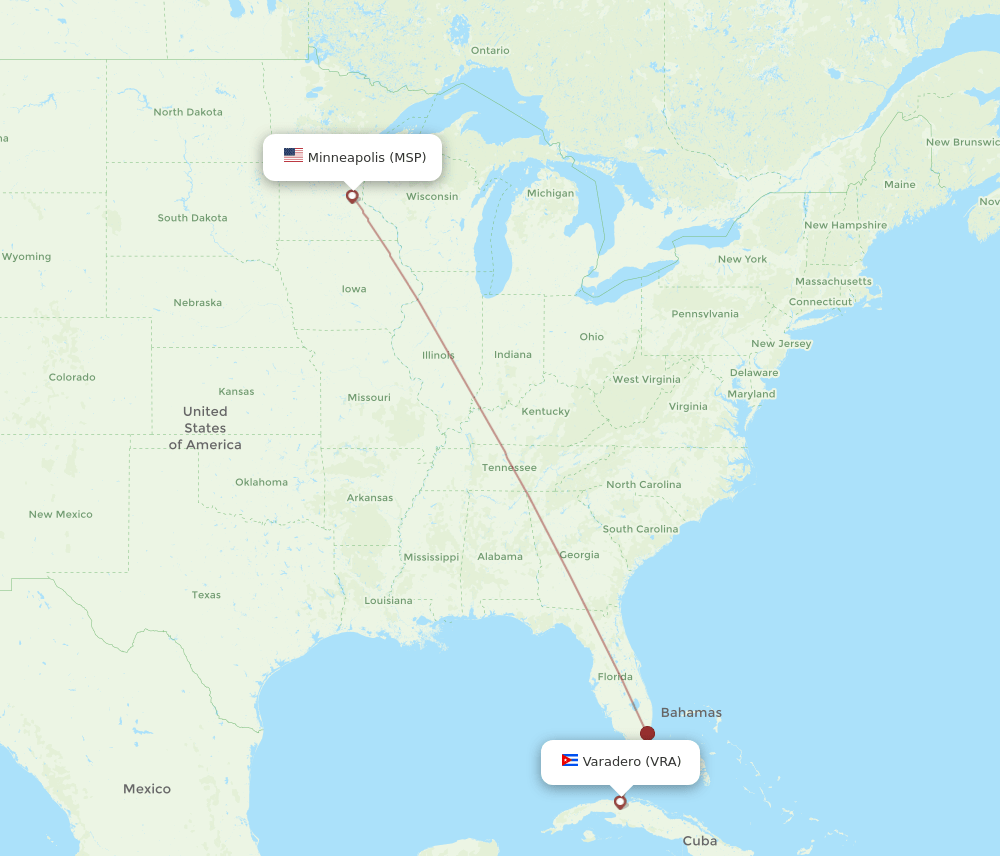 VRA to MSP flights and routes map