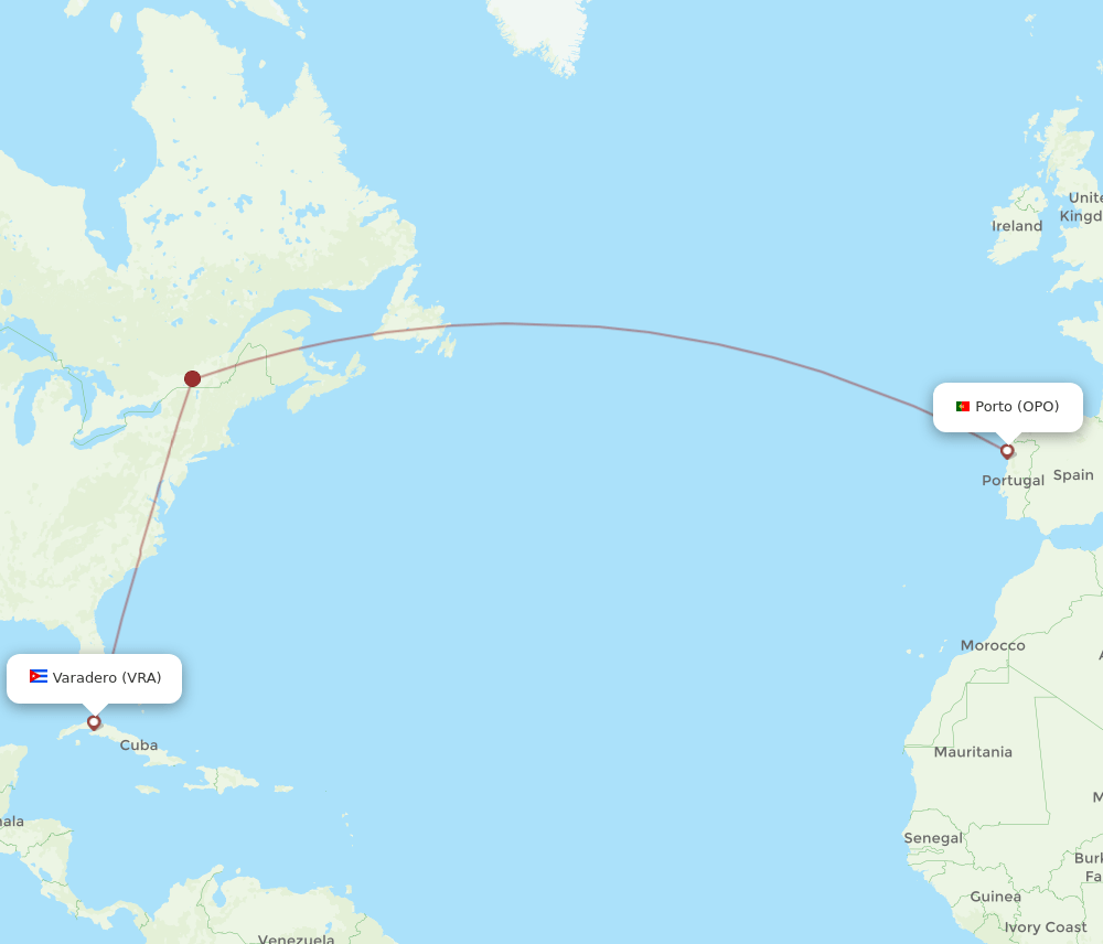 Porto - Varadero route map and flight paths
