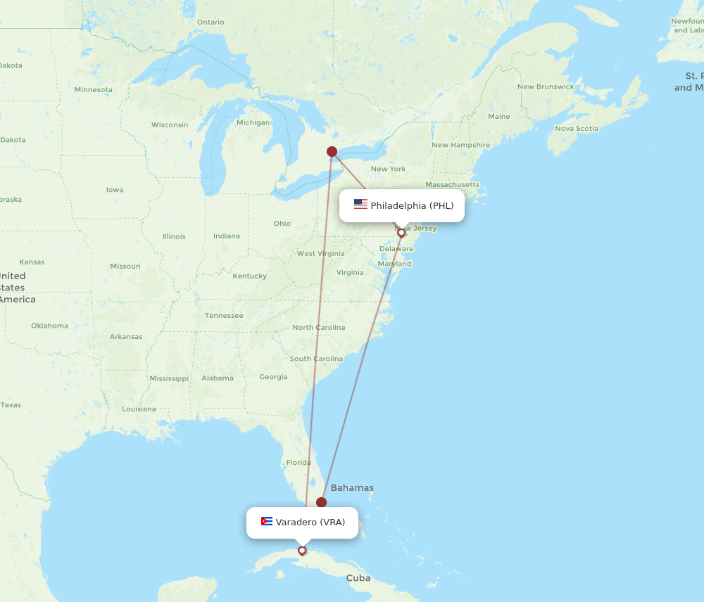 VRA to PHL flights and routes map