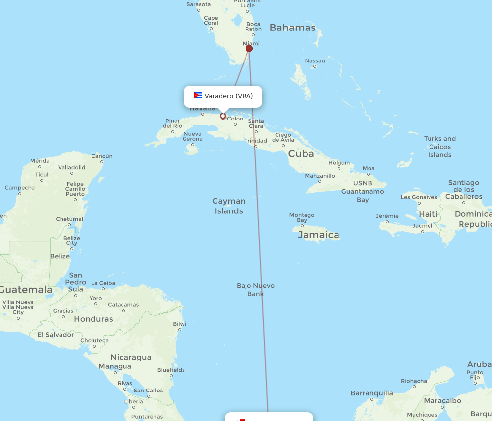 Varadero - Panama City route map and flight paths