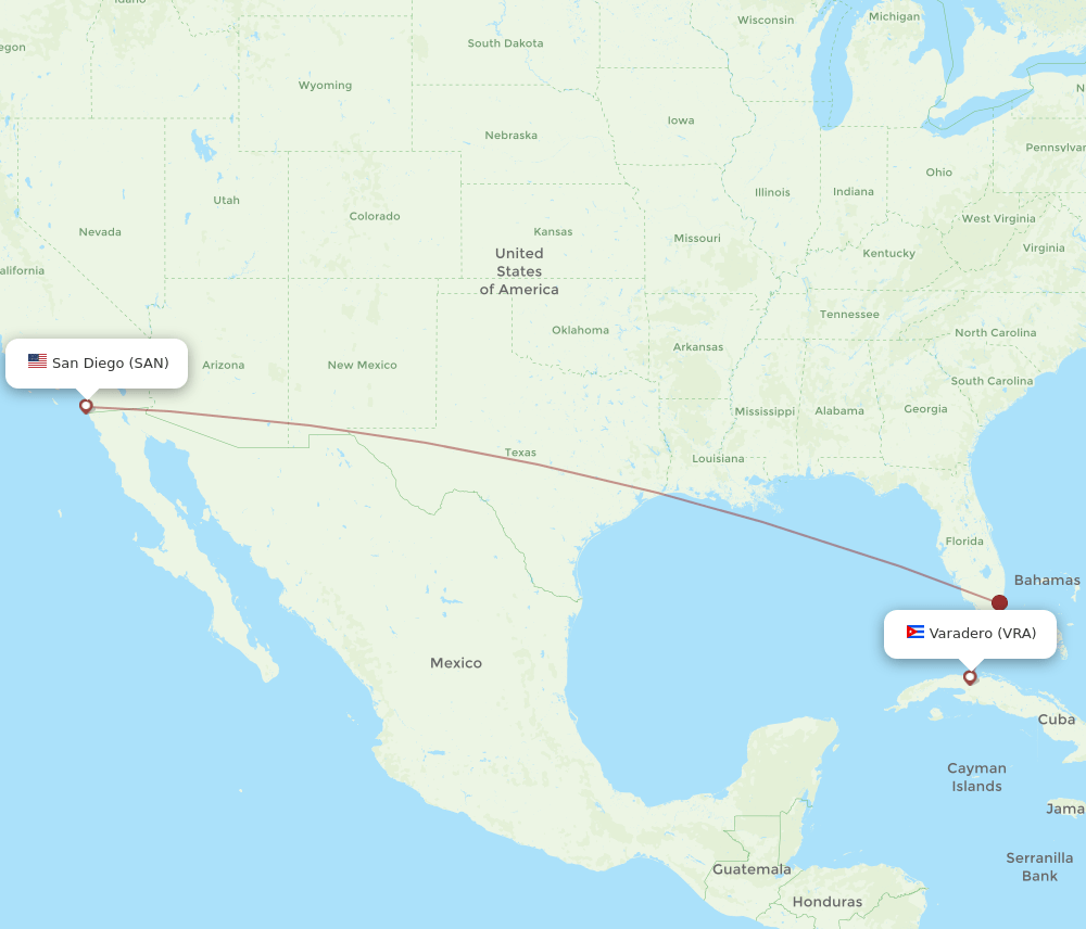 San Diego - Varadero route map and flight paths