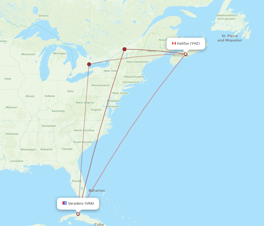 VRA to YHZ flights and routes map