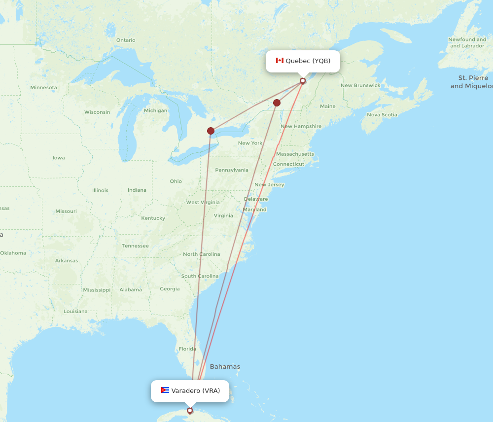 VRA to YQB flights and routes map