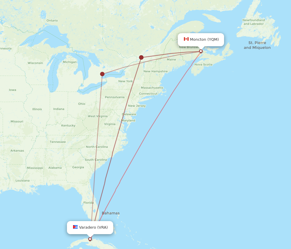 VRA to YQM flights and routes map