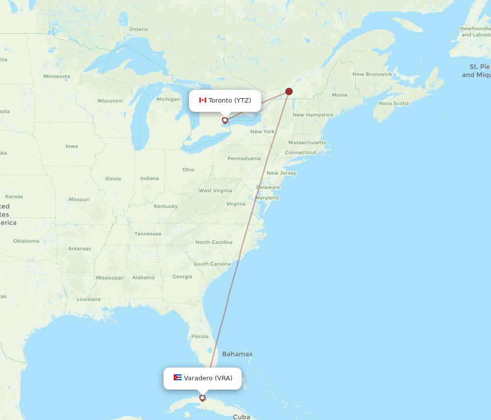 VRA to YTZ flights and routes map