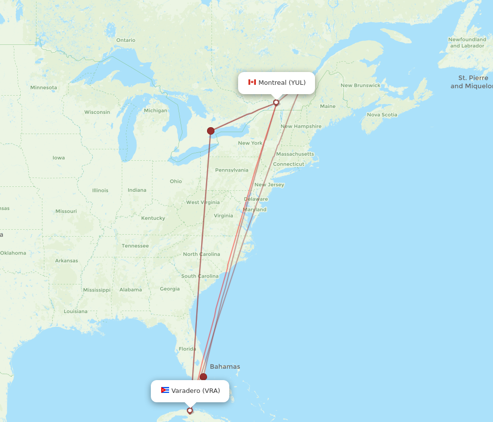 YUL to VRA flights and routes map