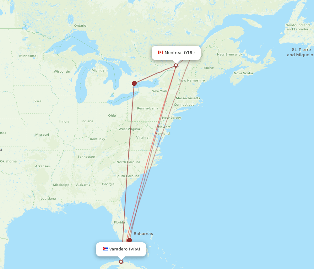 VRA-YUL flight routes