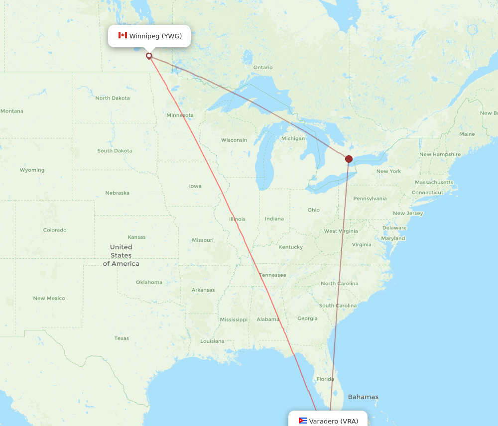 VRA to YWG flights and routes map