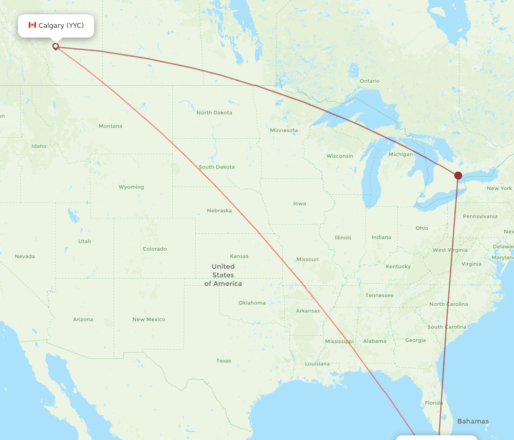 VRA to YYC flights and routes map