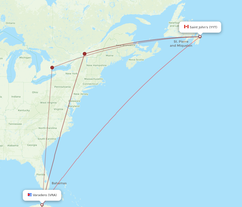 VRA to YYT flights and routes map