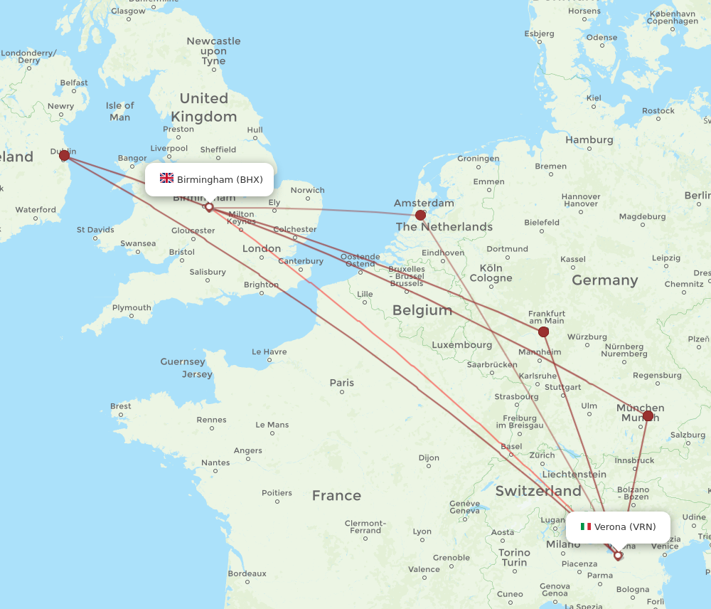 VRN to BHX flights and routes map