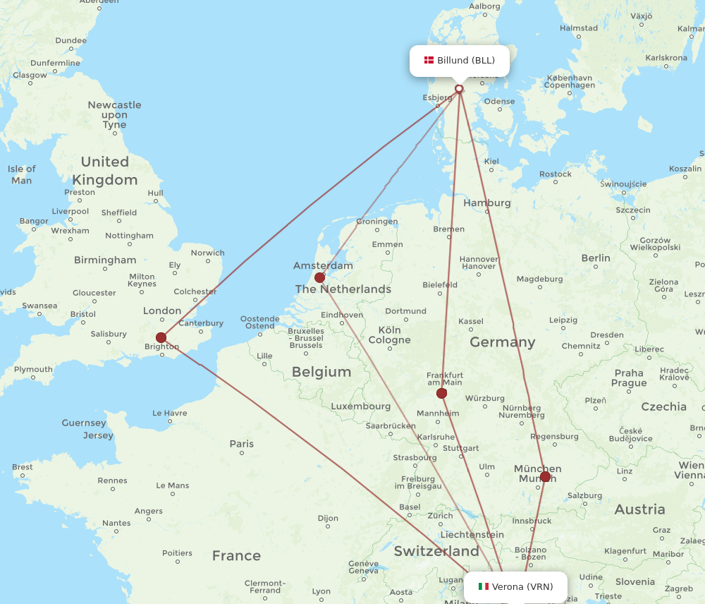 VRN to BLL flights and routes map