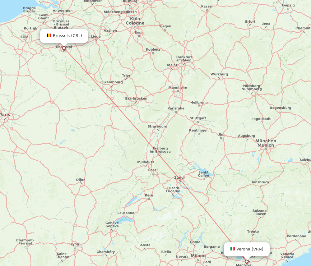 Verona - Brussels route map and flight paths