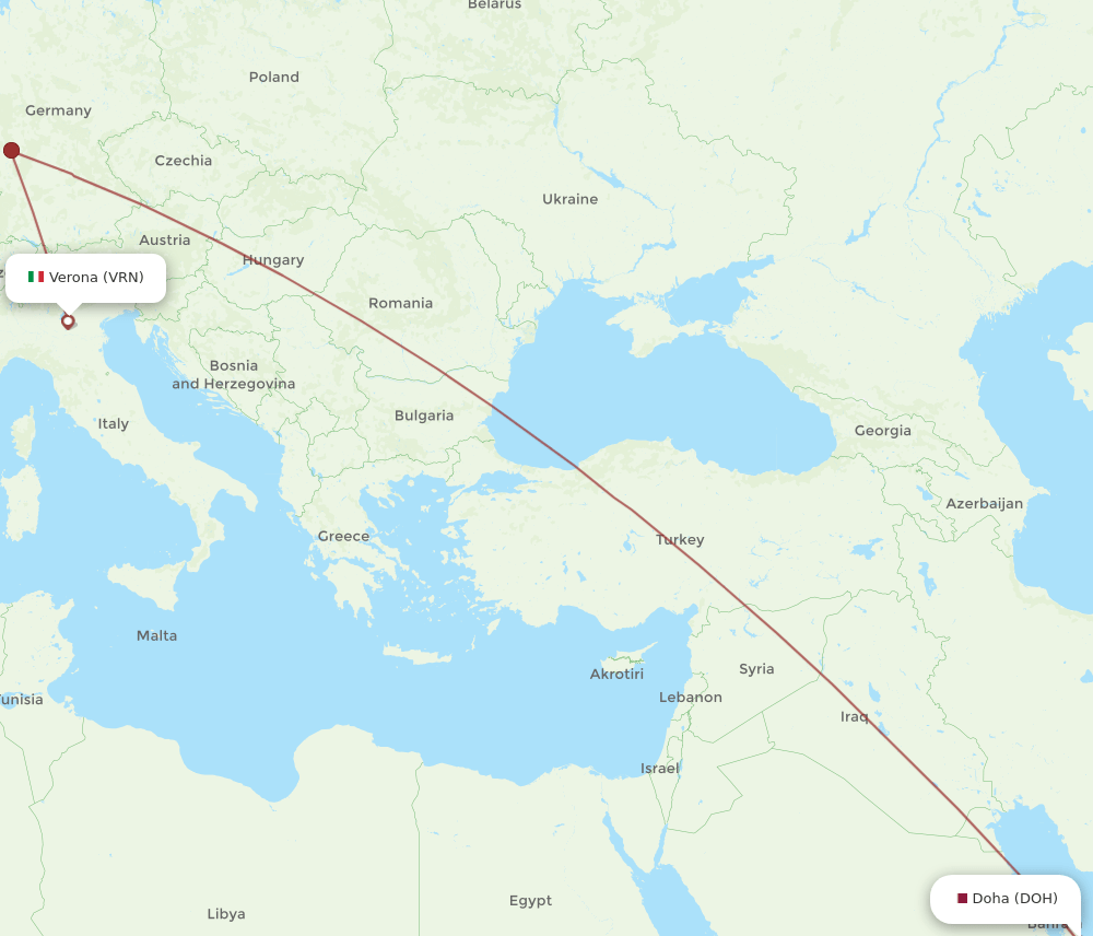 Doha - Verona route map and flight paths