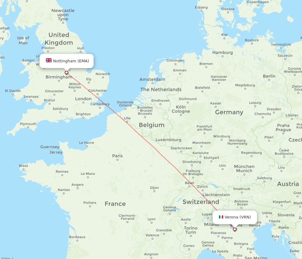 VRN to EMA flights and routes map