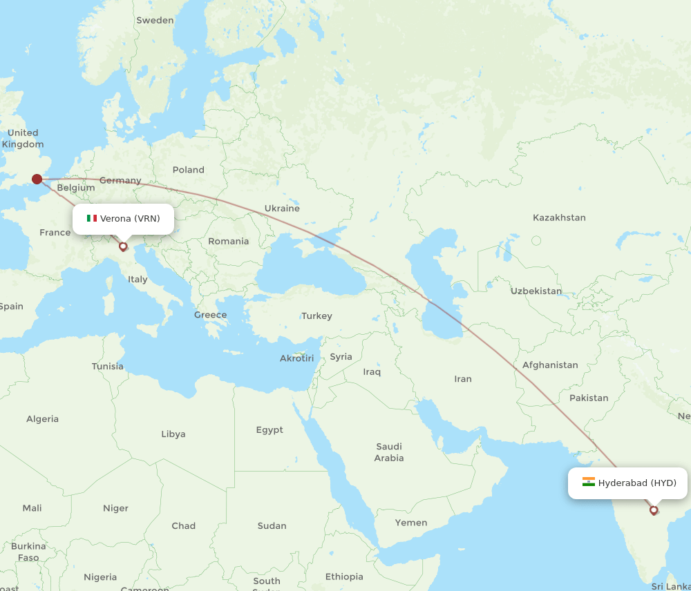 Hyderabad - Verona route map and flight paths