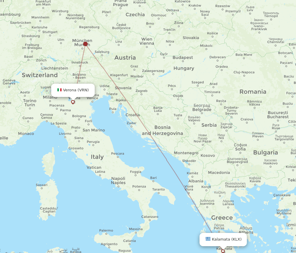 VRN to KLX flights and routes map