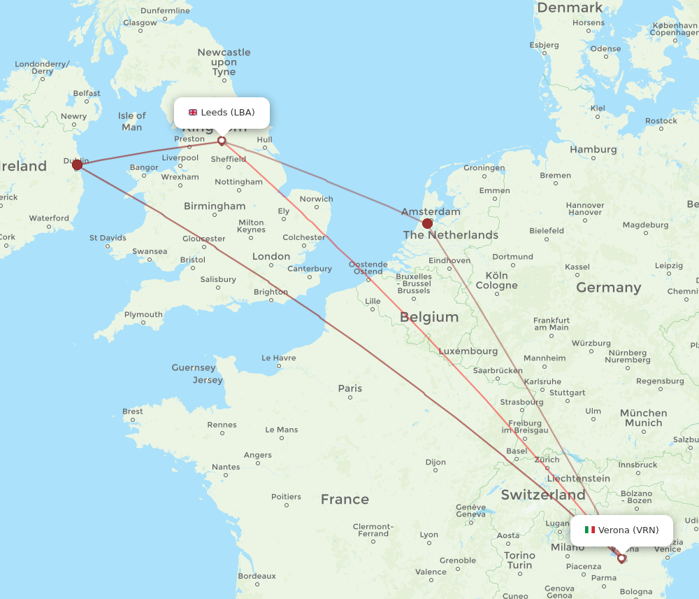 VRN to LBA flights and routes map