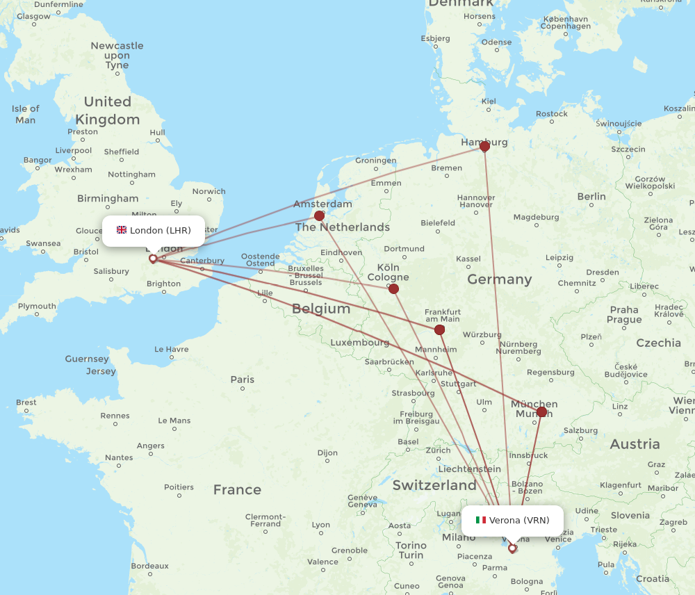 VRN to LHR flights and routes map