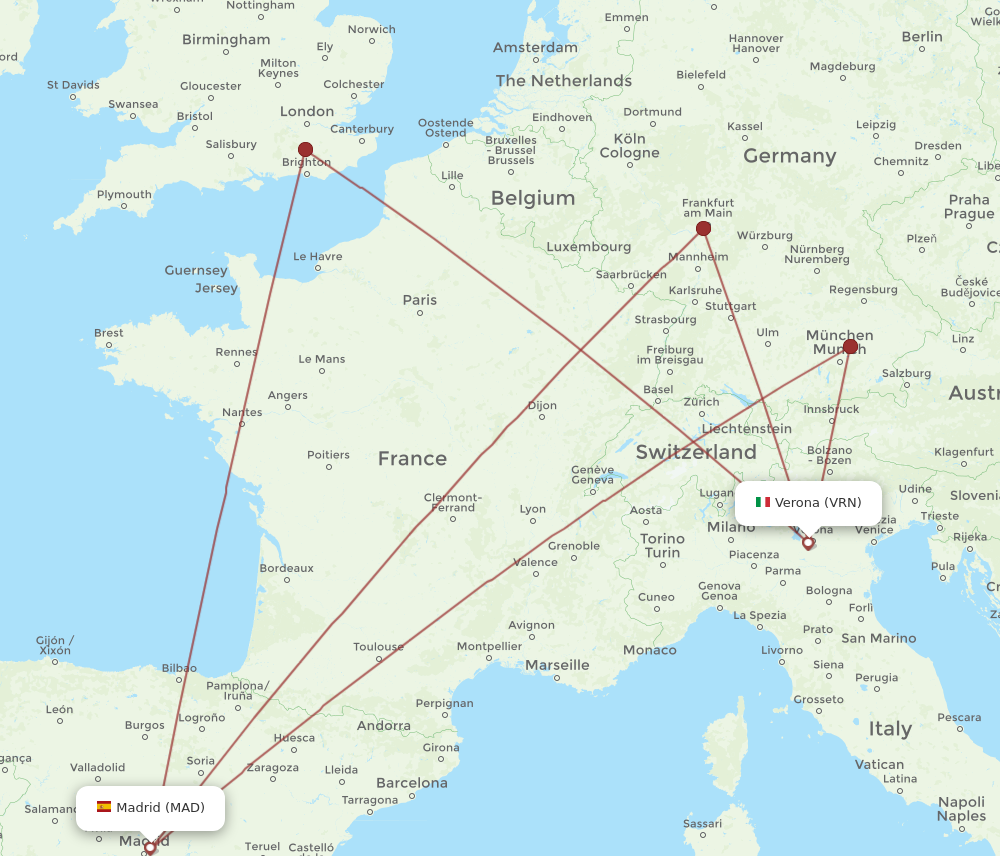 VRN to MAD flights and routes map