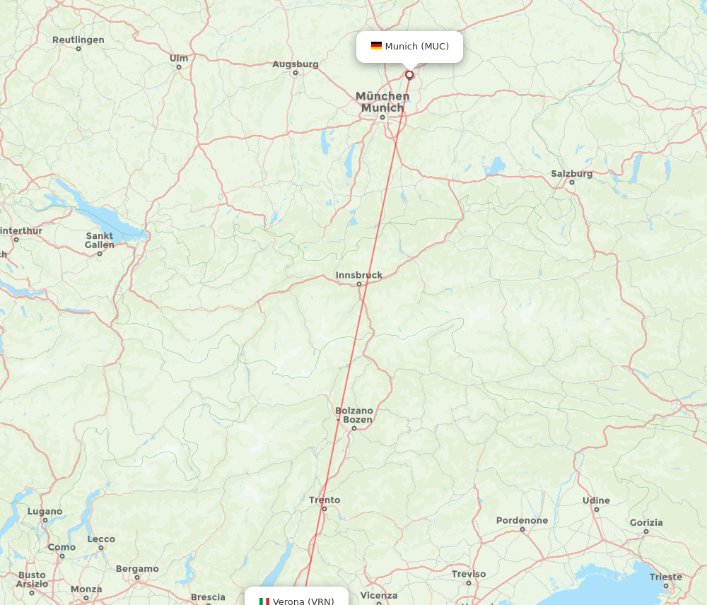 Verona - Munich route map and flight paths