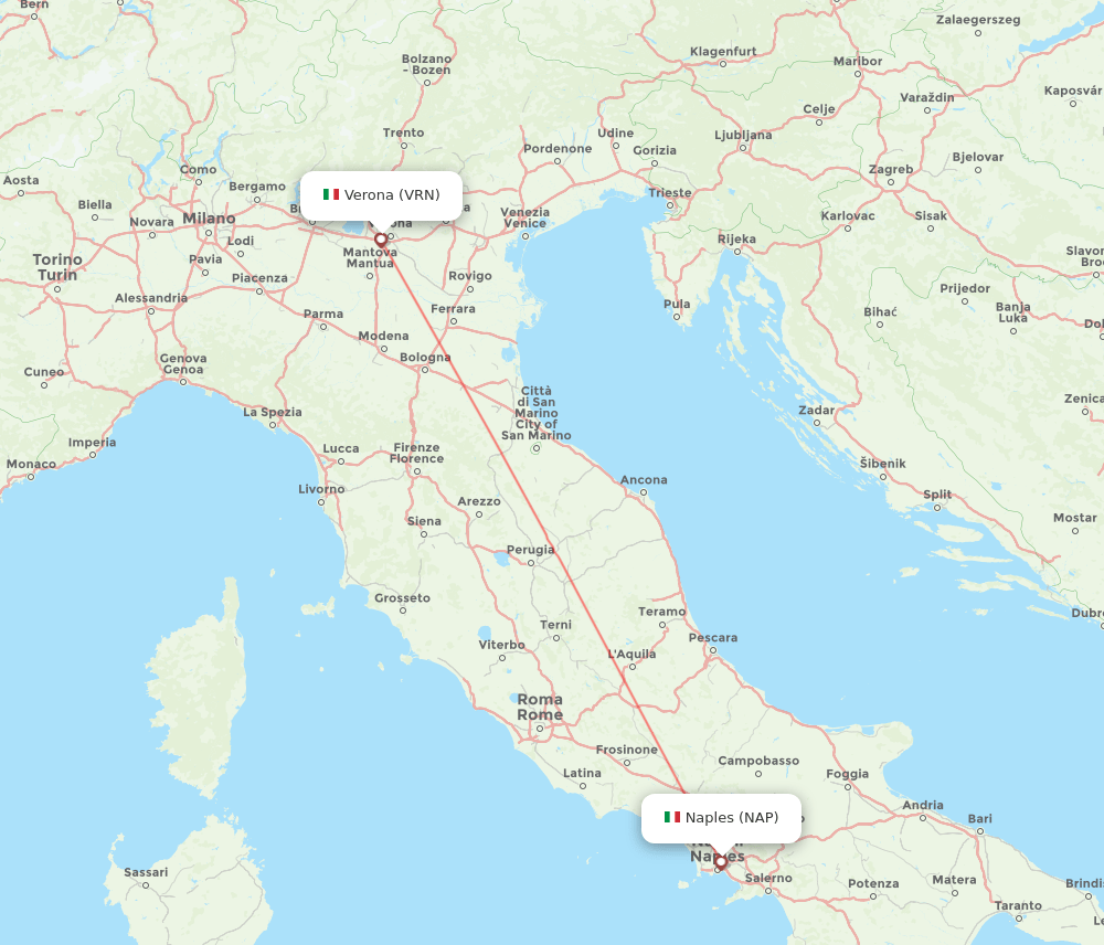 Verona - Naples route map and flight paths