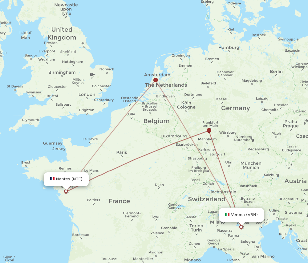 VRN to NTE flights and routes map