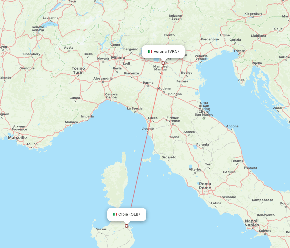 Verona - Olbia route map and flight paths